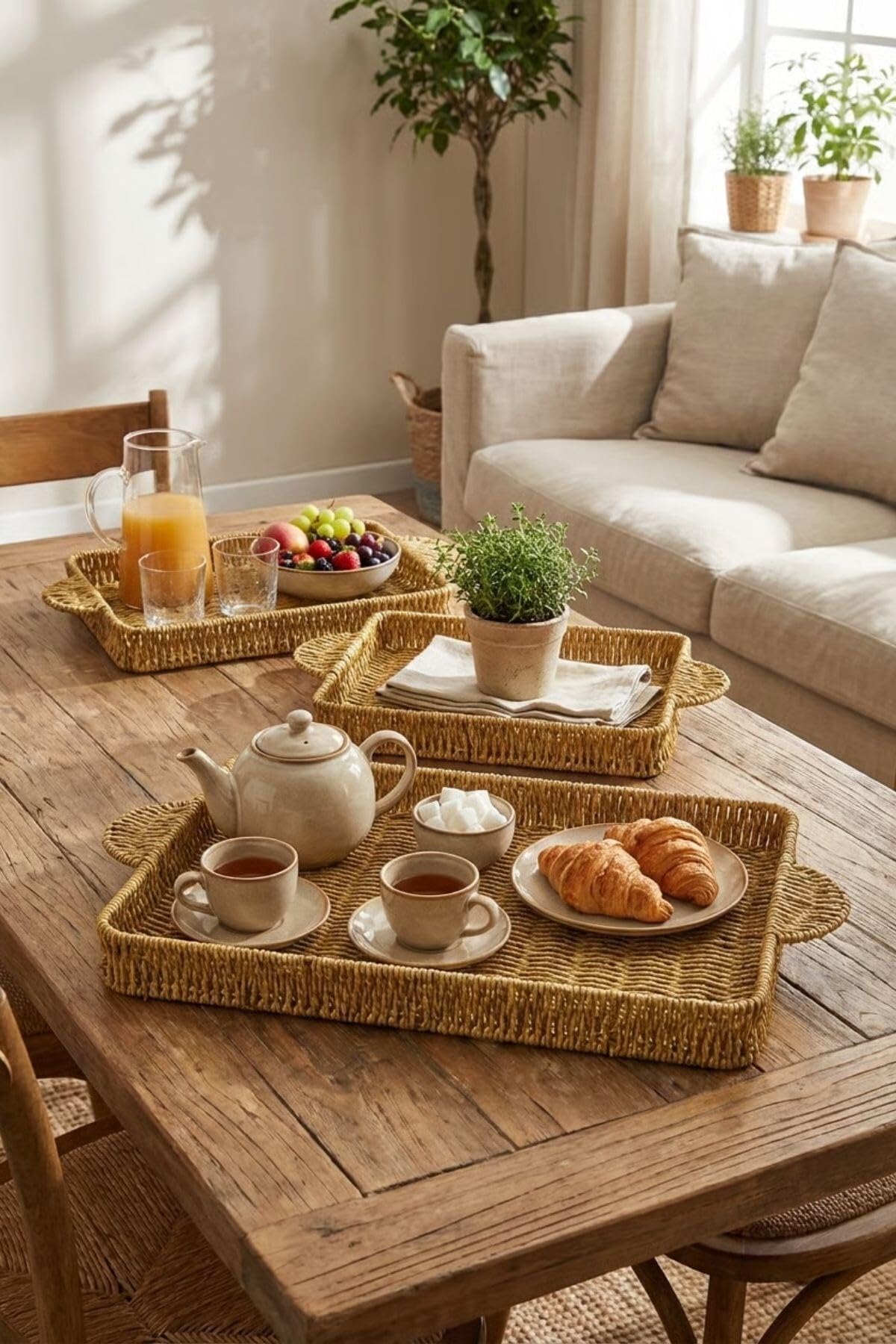 BUFFER İç İçe Geçebilen 3'lü Dikdörtgen Hasır Görünümlü Plastik Rattan Servis Tepsi Seti, Çok Amaçlı Sunum Tepsileri, 38x20x4 cm, 43x25x4 cm, 48x30x4 cm