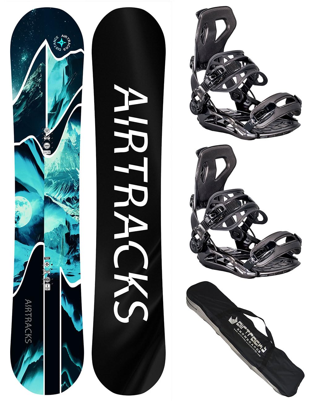 Airtracks Kit de snowboard - Distance Snowboard Wide Hybrid Rocker + fixations Master Fastec + sac de snowboard 150, 157, 159, 162 cm