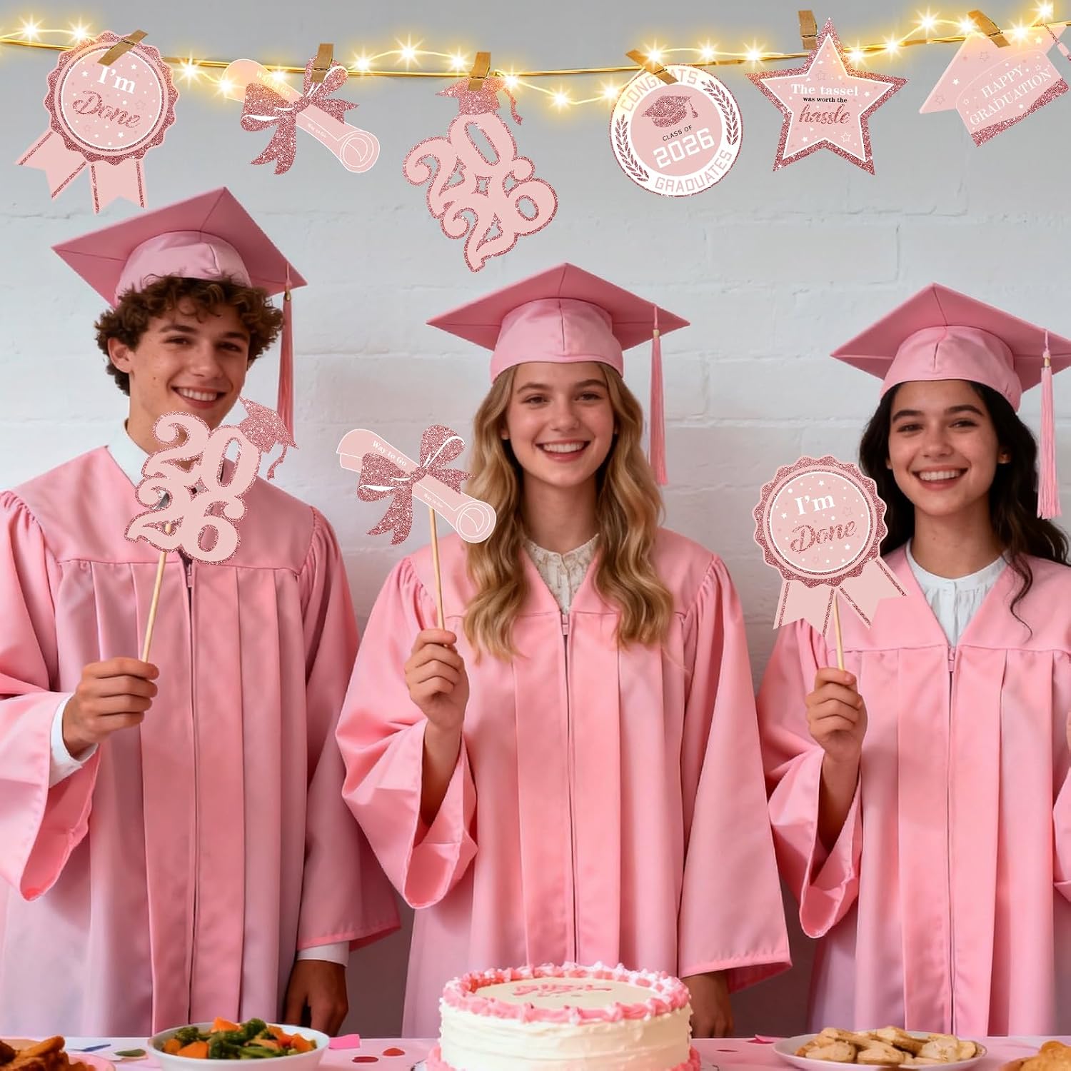 Graduation Decorations for Class of 2026-30pcs Glitter Pink Rose Gold Grad Party Table Centerpieces Sticks with LED String Light for College High School 2026 Graduation Party Favors Supplies