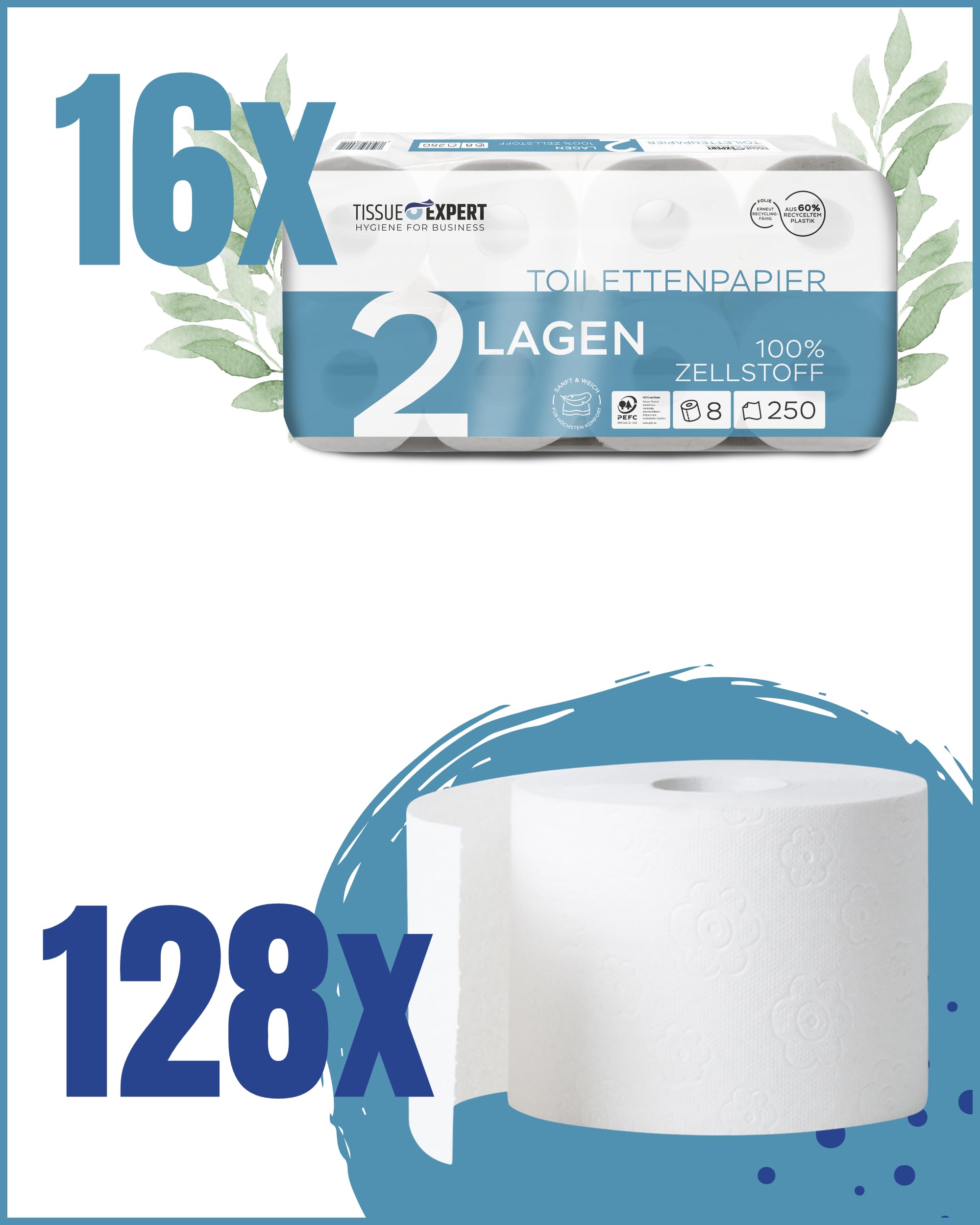 Carta igienica a 2 strati, 128 rotoli x 250 fogli, 100% cellulosa, carta igienica super morbida, confezione grande per uso commerciale, ideale per uso multiuso, imballaggio 60% PCR (128