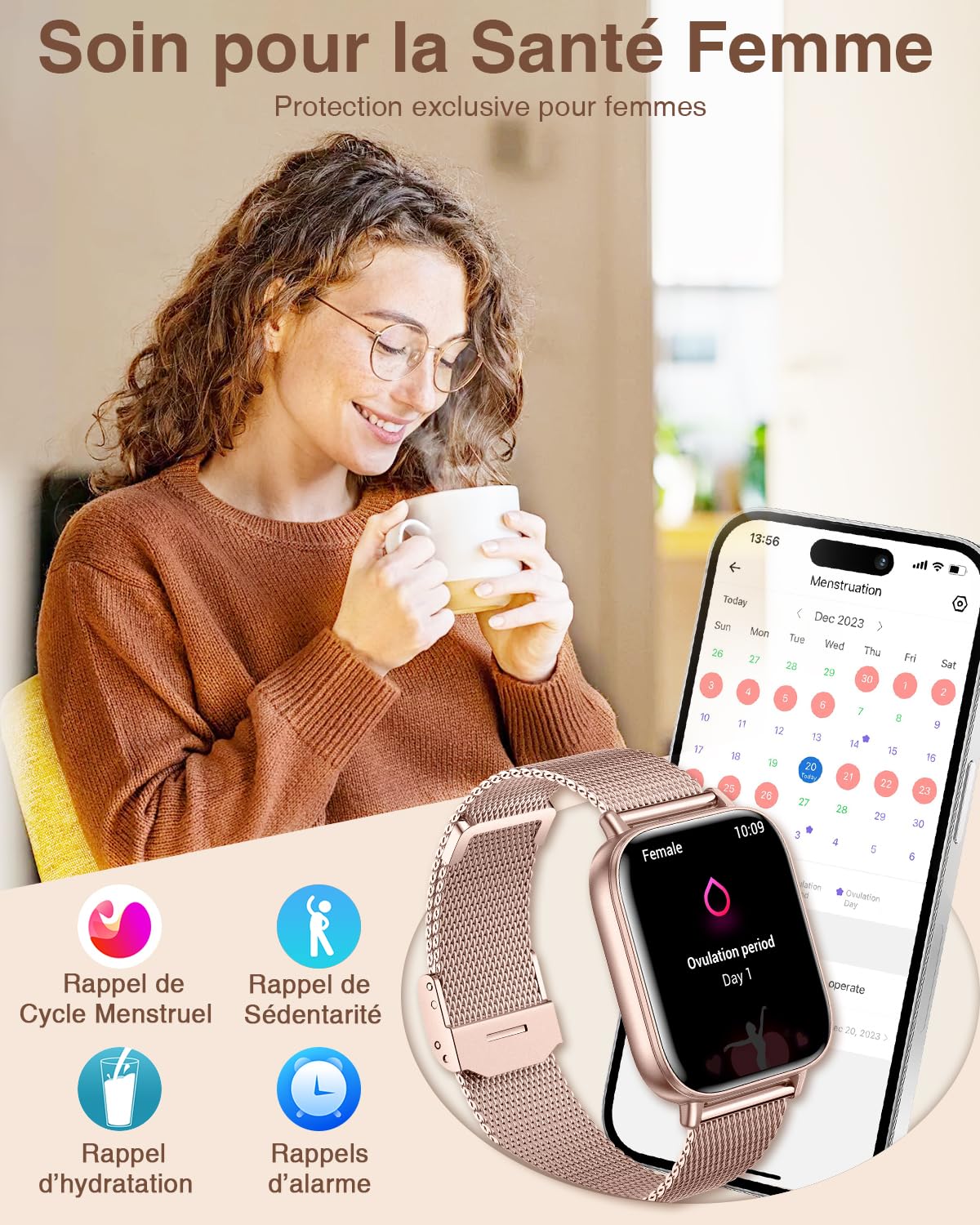 Montre Connectée Femme avec Appel Bluetooth 4 Bracelets 1.83" HD Smartwatch Femme avec Fréquence Cardiaque Sommeil Féminine 110+ Modes Sportifs Podomètre Tracker d'activité pour Android iOS, Or rose