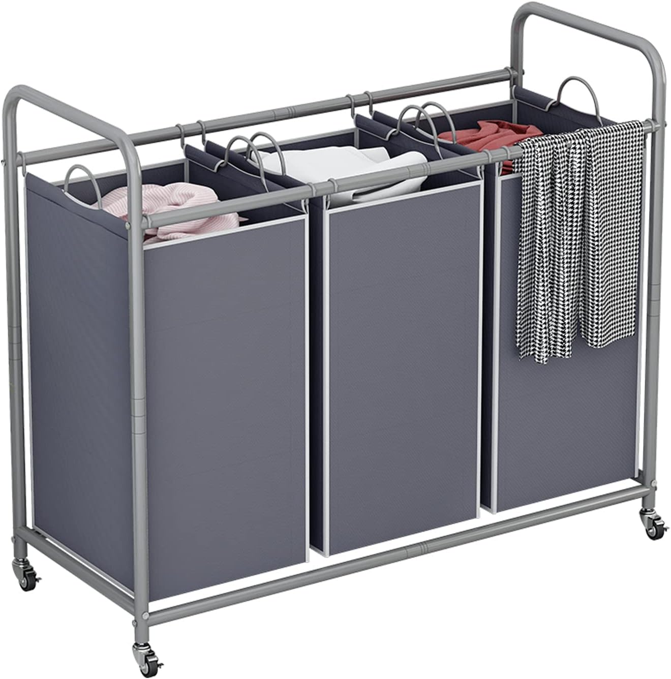 LINZINAR 3-Bag Laundry Sorter,Laundry Hamper Cart with Heavy Duty Rolling Lockable Wheels and Removable Bags (Grey)