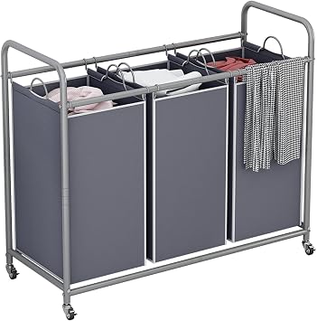 LINZINAR 3 Section Laundry Hamper, Grey Laundry Basket, 135L Laundry Sorter