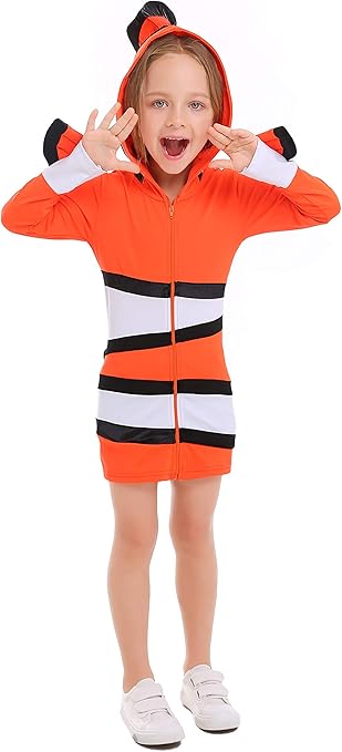 Amazon S C Live ハロウィンコスチューム キッズコスチューム 女の子向き ニモコスプレ ニモ着ぐるみ 子供 しっぽ付 ニモ全身衣装 オレンジ ホワイト フード帽子付きワンピース 長袖 フードカバー トレーナー キッズ 子供 クマノミ着ぐるみ オレンジ 魚着ぐるみ ニモ