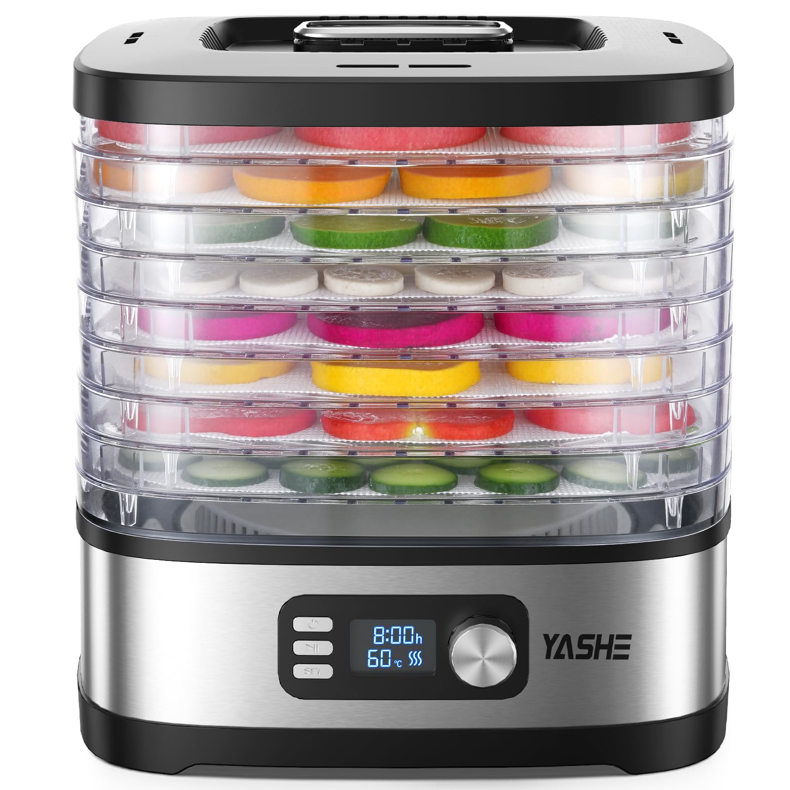 YASHE Deshidratador de Alimentos 8 Bandejas, Tiempo y Temperatura Ajustables 72H, Incluye Rejillas de Malla, Bandeja de Fruta y Pinzas de Acero Inoxidable para Jerky, Frutas, Verduras, Carne, Sin BPA