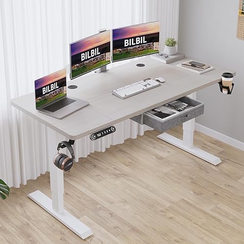 Miniatura 6 de bilbil Escritorio eléctrico de pie de 63 x 30 pulgadas con cajón, escritorio de altura ajustable con 4 tablas de empalme, escritorio de oficina en
