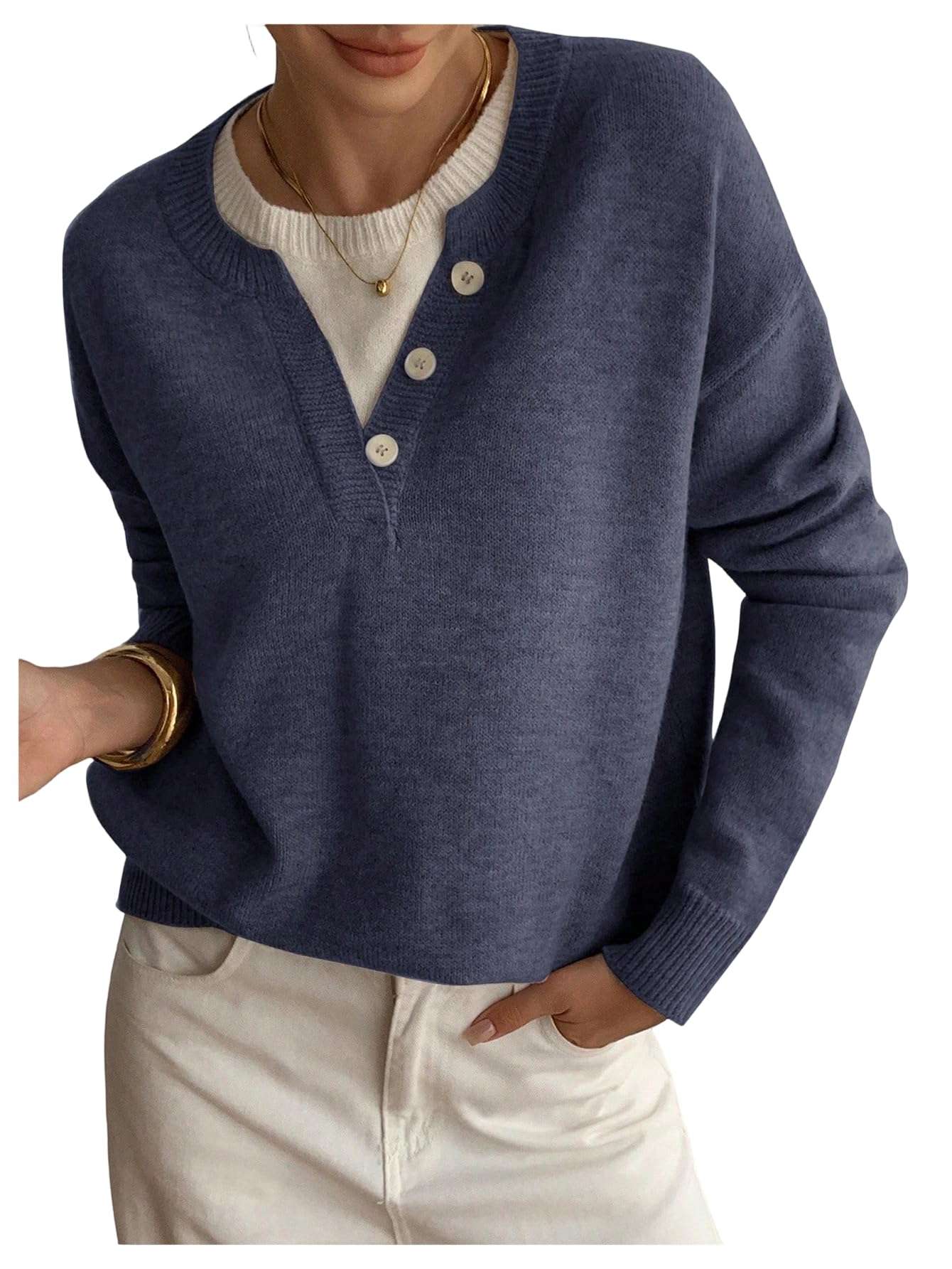 SOLY HUX Pullover Sweaters for Women Long Sleeve Button Crew Neck 2 in 1 Knitted Oversized Tops