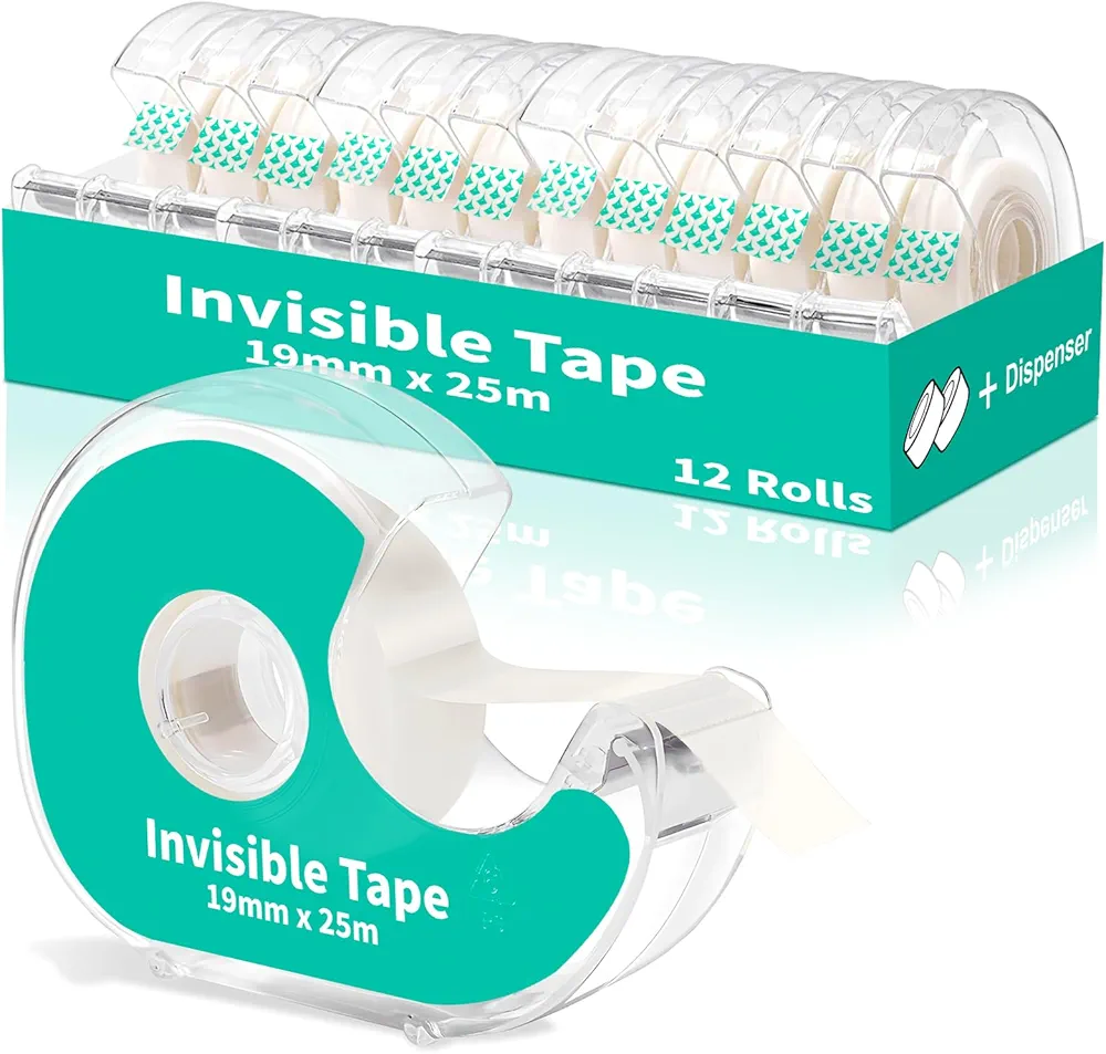 Invisible Clear Tape Bulk with Dispenser,12 Pack Transparent Tapes Frosted Writable, Bulk Tape Rolls 7/10 X 1000 Inches School Home Office Supplies for Gift Paper Wrapping, Art Craft, Labeling
