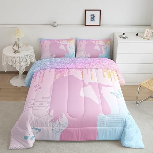 jejeloiu Girls Singer Comforter Set Pink Music Bedding Set Twin Size Glitter Fas
