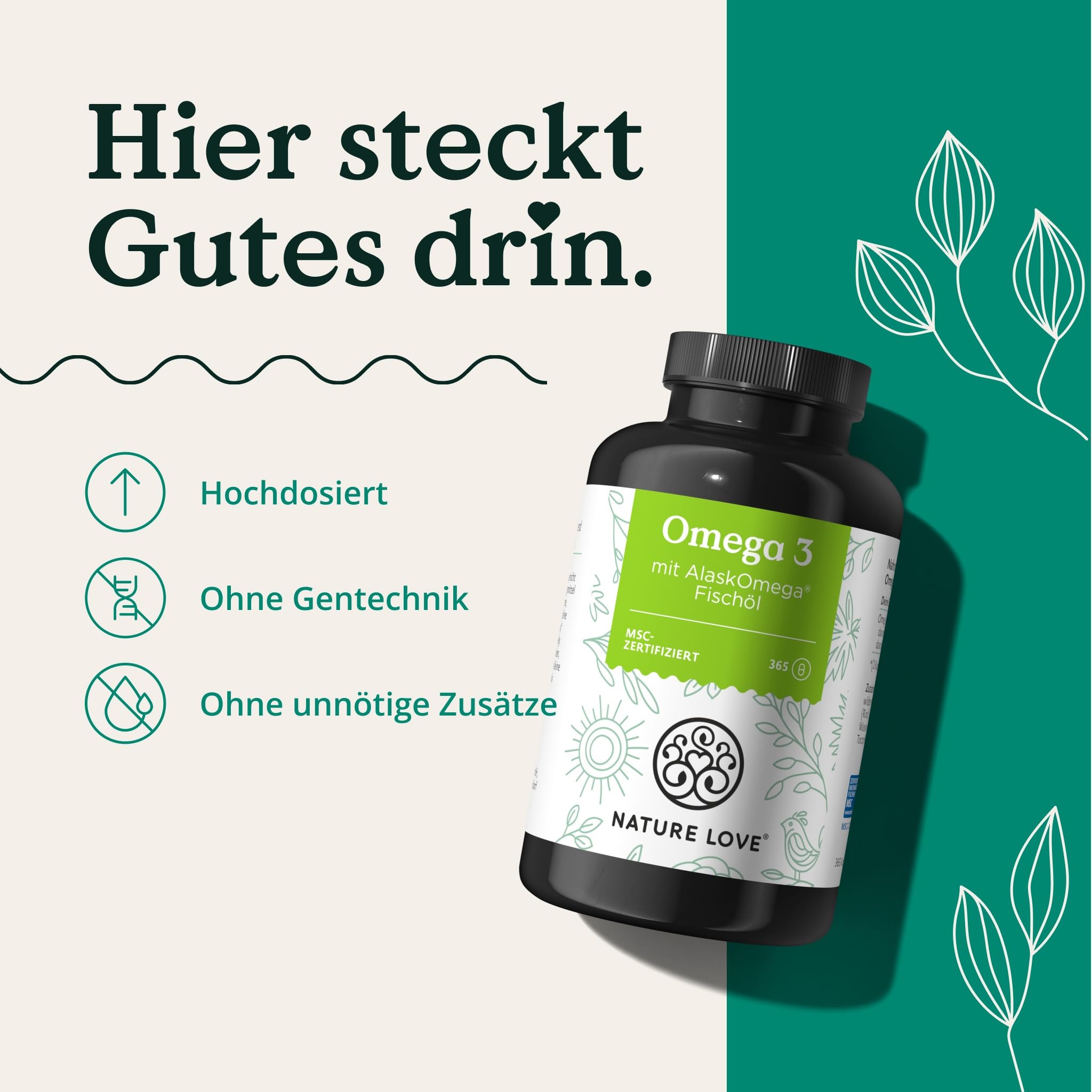 Nature Love Omega 3 - hochdosiert mit 650mg Omega 3 Fettsäuren pro Tagesdosis - 365 kleine Kapseln mit Spitzenrohstoff AlaskOmega® (MSC-zertifiziert) - ohne Zusätze in Deutschland produziert