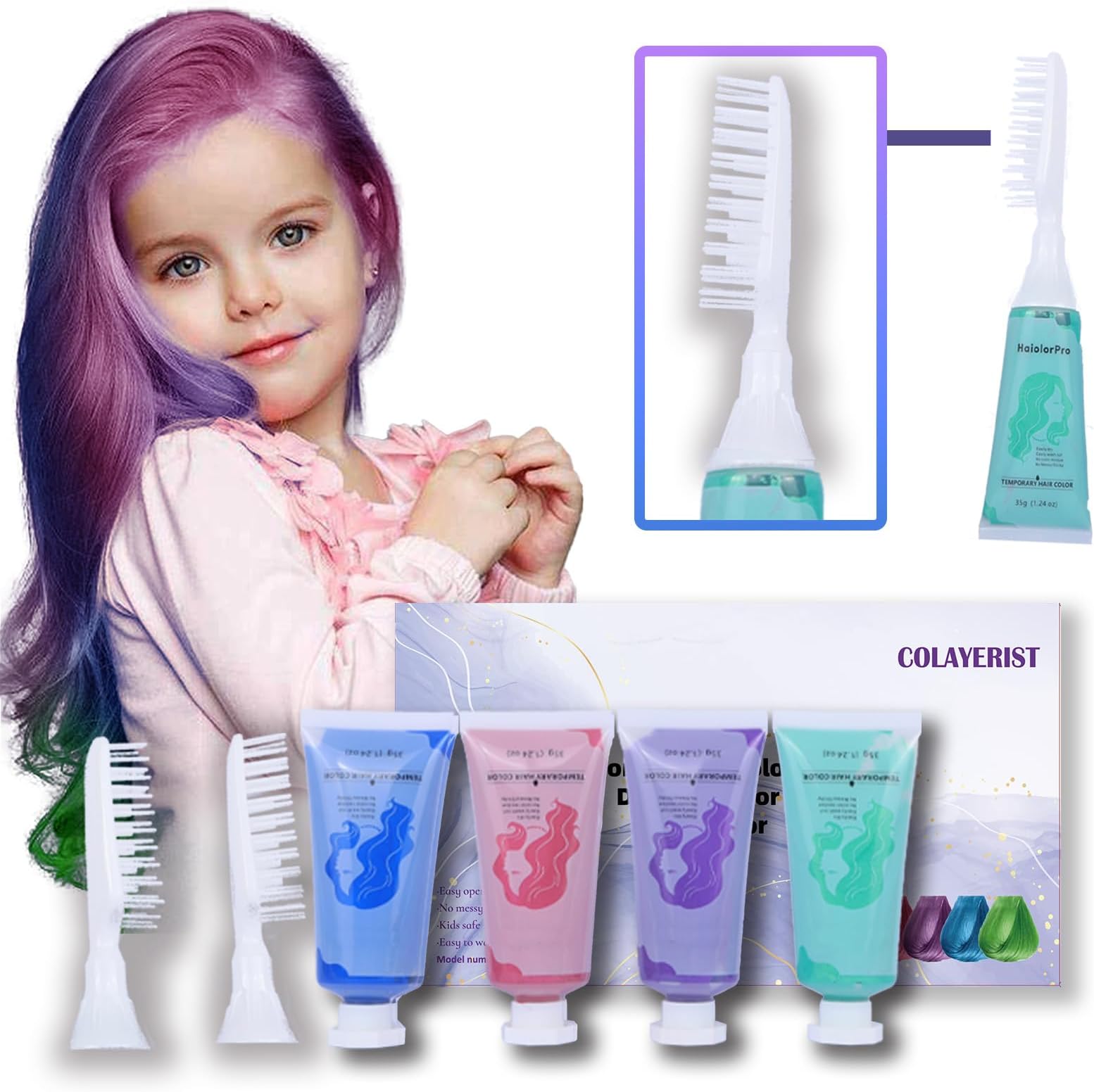 Hair Color Wax for Girls, 4 PCS Temporary Hair Dye in Green, Blue, Pink, Purple, Washable Hair Chalk Kit for Kids & Adults, Great Gifts for 6-13 Year Old Girls Birthday