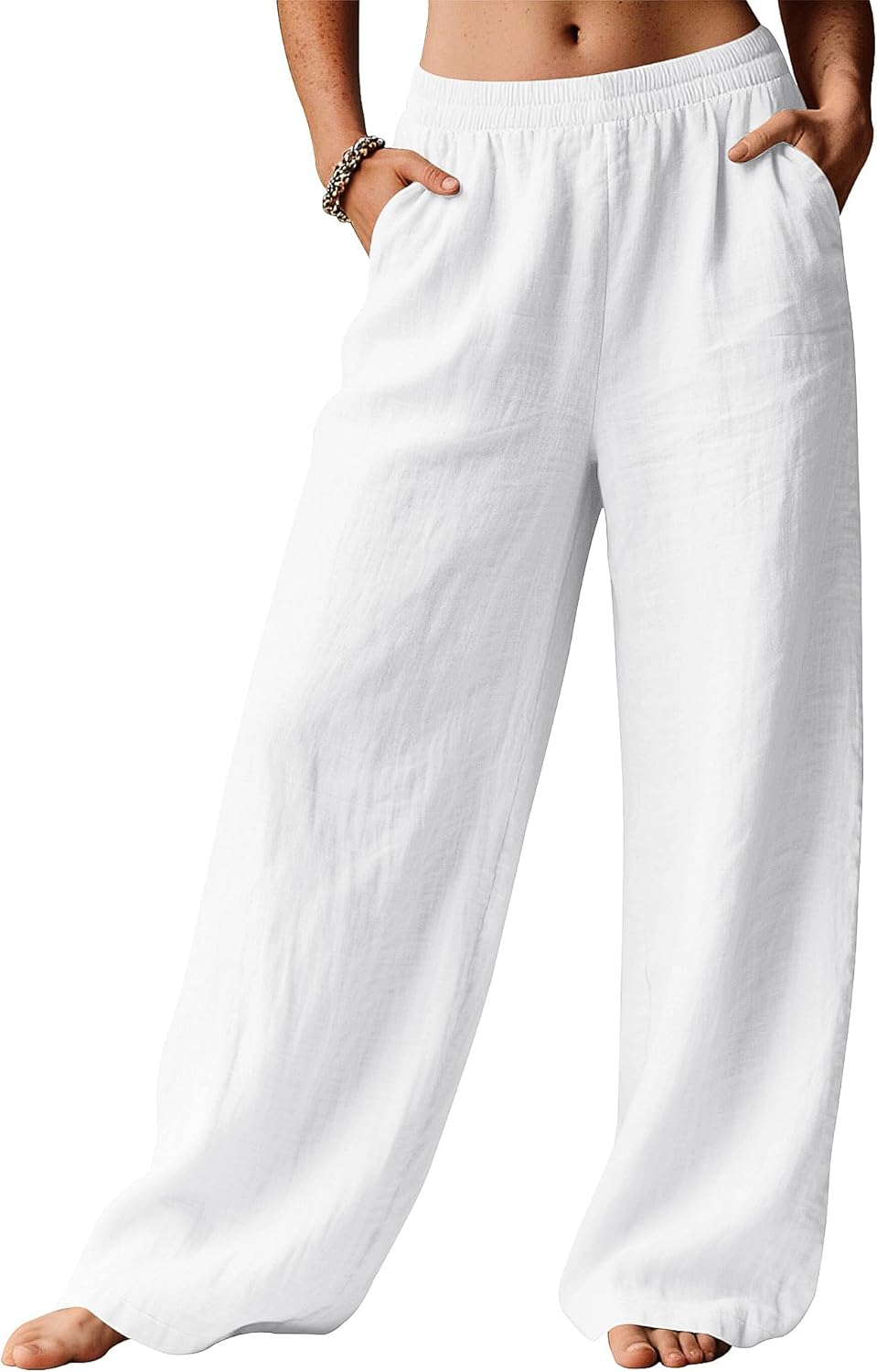 LOMON White Linen Pants Women Wide Leg Palazzo Summer Flowy Pants Beach Vacation Clothes Lounge Travel Trousers with Pockets (White, S) - Image 2
