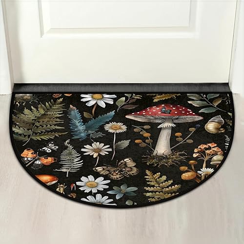 Miniatura 7 de Tapete semicircular de plantas de bosque de hongos para puerta de entrada interior, hojas antideslizantes y absorbentes, 24 x 36 pulgadas, tapetes