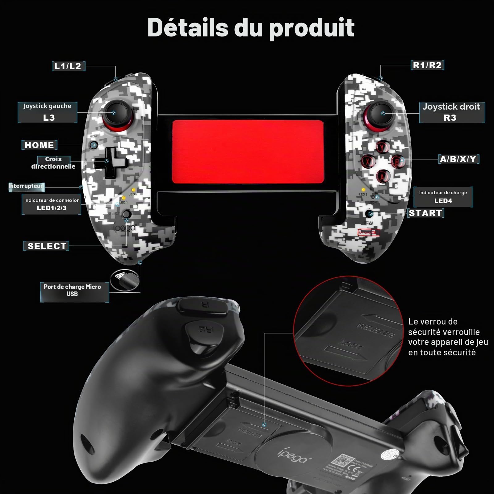 Joso Manette sans fil pour Android, iOS, PC, manette de jeu pour iPhone, iPad, tablette Play COD Mobile, Genshin Impact, Minecraft, compatible avec Samsung Galaxy, Xiaomi, Oppo, OnePlus - Direct Play