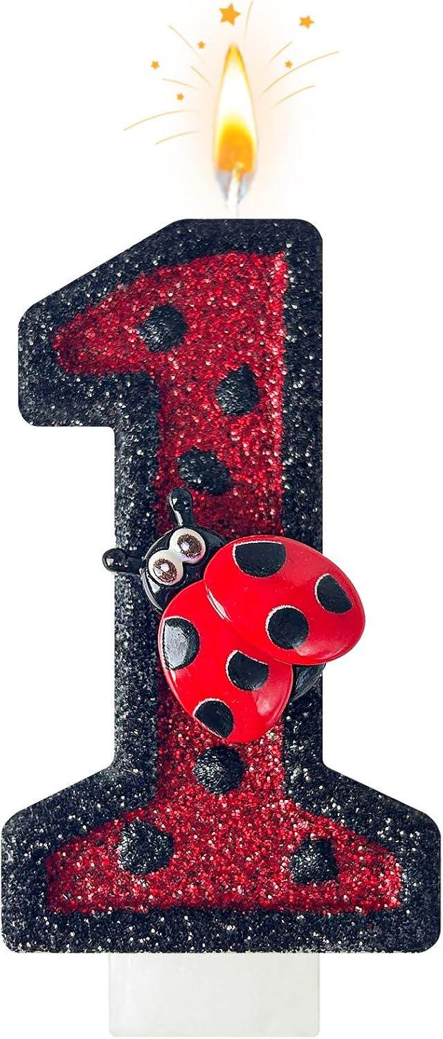 HXOUSE Ladybug Number 1 Birthday Candles - Red & Black Polka Dots Birthday Candles for Cake, 1 Candle for Ladybird Theme Cake Topper, Boys Girls Insect Party Decorations Gifts (No.1)