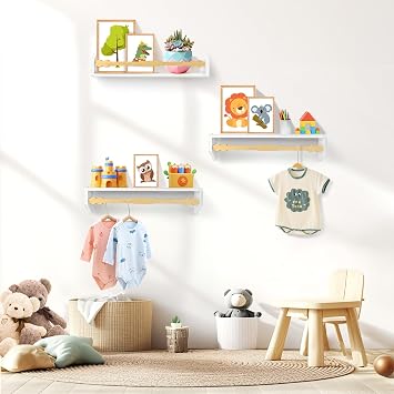 comfoyar Floating Nursery Book Shelf for Wall, Set of 3 Soild Wood Wall Mounted Bookshelf for Kids, Hanging Nursery Shelves and Spice Rack, Decor for Livingroom Bedroom Kitchen Bathroom, White Natural