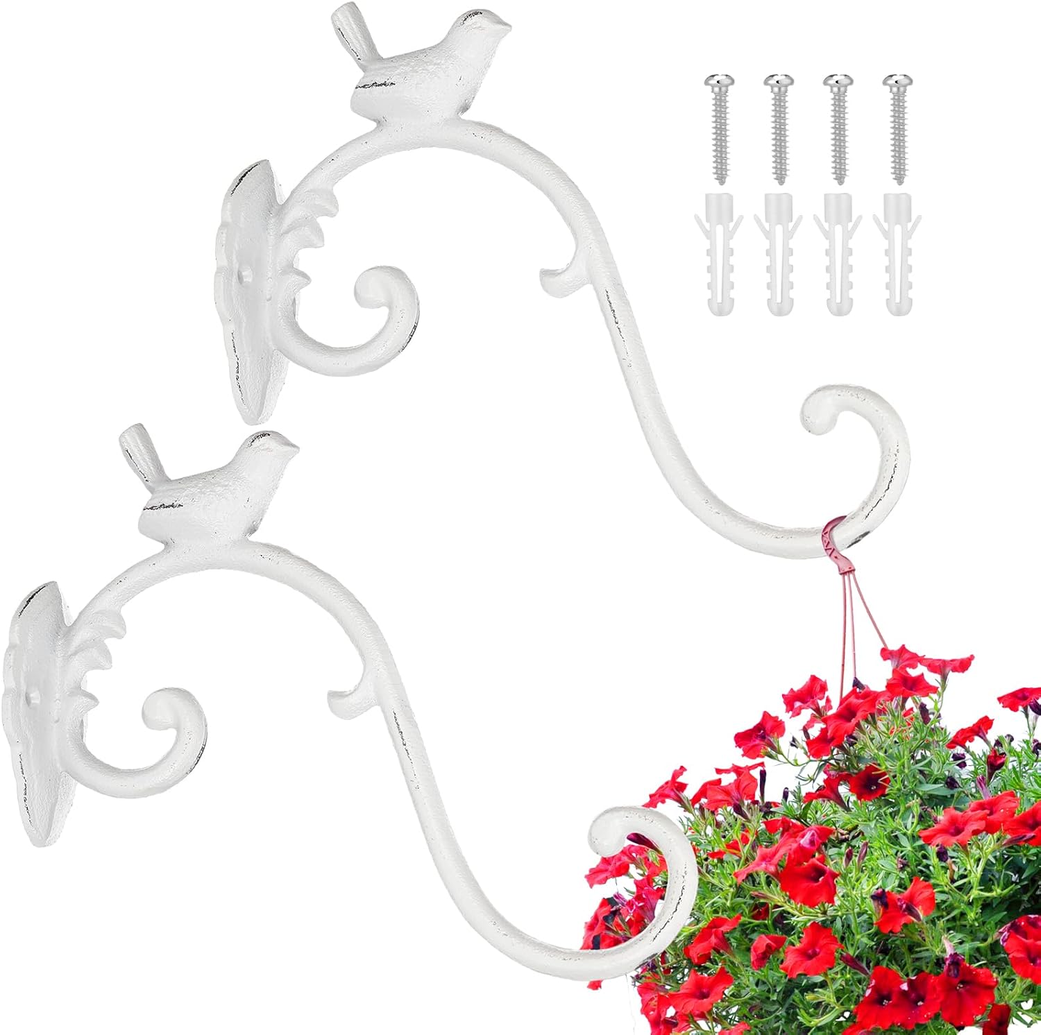 Moxweyeni 2 Pcs Cast Iron Plant Hangers Outdoor 10" Heavy Duty Hanging Basket Brackets Lovely Bird Shape Decorative Wall Hangers for Flower Pots Bird Feeder Wind Chime Lantern(Golden Green)