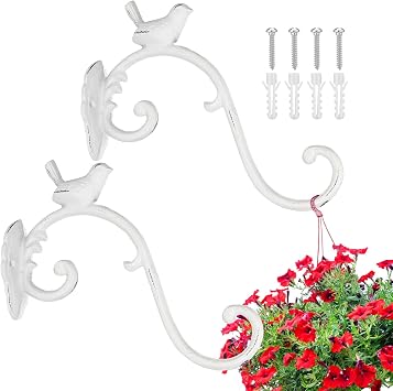 Moxweyeni 2 Pcs Cast Iron Plant Hangers Outdoor 10" Heavy Duty Hanging Basket Brackets Lovely Bird Shape Decorative Wall Hangers for Flower Pots Bird Feeder Wind Chime LanternWhite