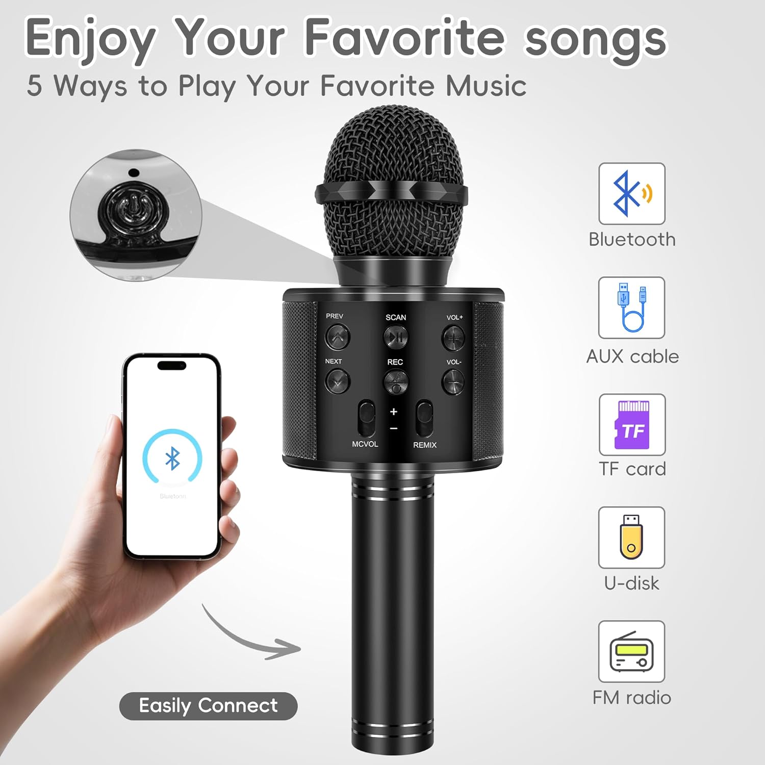 KIDWILL Wireless Bluetooth Karaoke Microphone for Kids and Adults, 5-in-1 Portable Handheld Karaoke Mic Speaker Player Recorder with Adjustable Remix FM Radio for Girls Boys Teens Adults