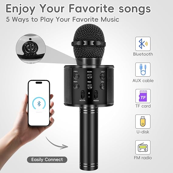 Wireless Bluetooth Karaoke Microphone for Kids and Adults, 5-in-1 Portable Handheld Karaoke Mic Speaker Player Recorder with Adjustable Remix FM Radio for Girls Boys Teens Adults