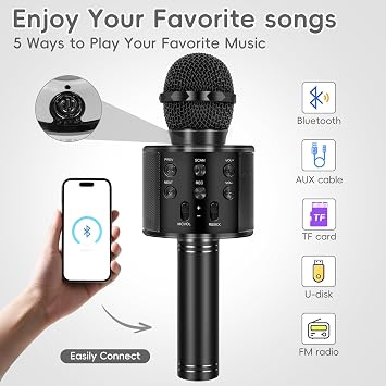 Wireless Bluetooth Karaoke Microphone for Kids and Adults, 5-in-1 Portable Handheld Karaoke Mic Speaker Player Recorder with Adjustable Remix FM Radio for Girls Boys Teens Adults