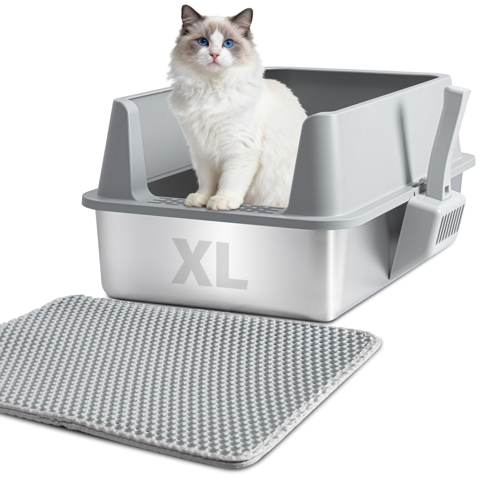 XL Stainless Steel Litter Box with Lid, Extra Large High Sided Metal Cat Litter Box with Mat and Scooper, Easy Clean, Non Stick & No Smell