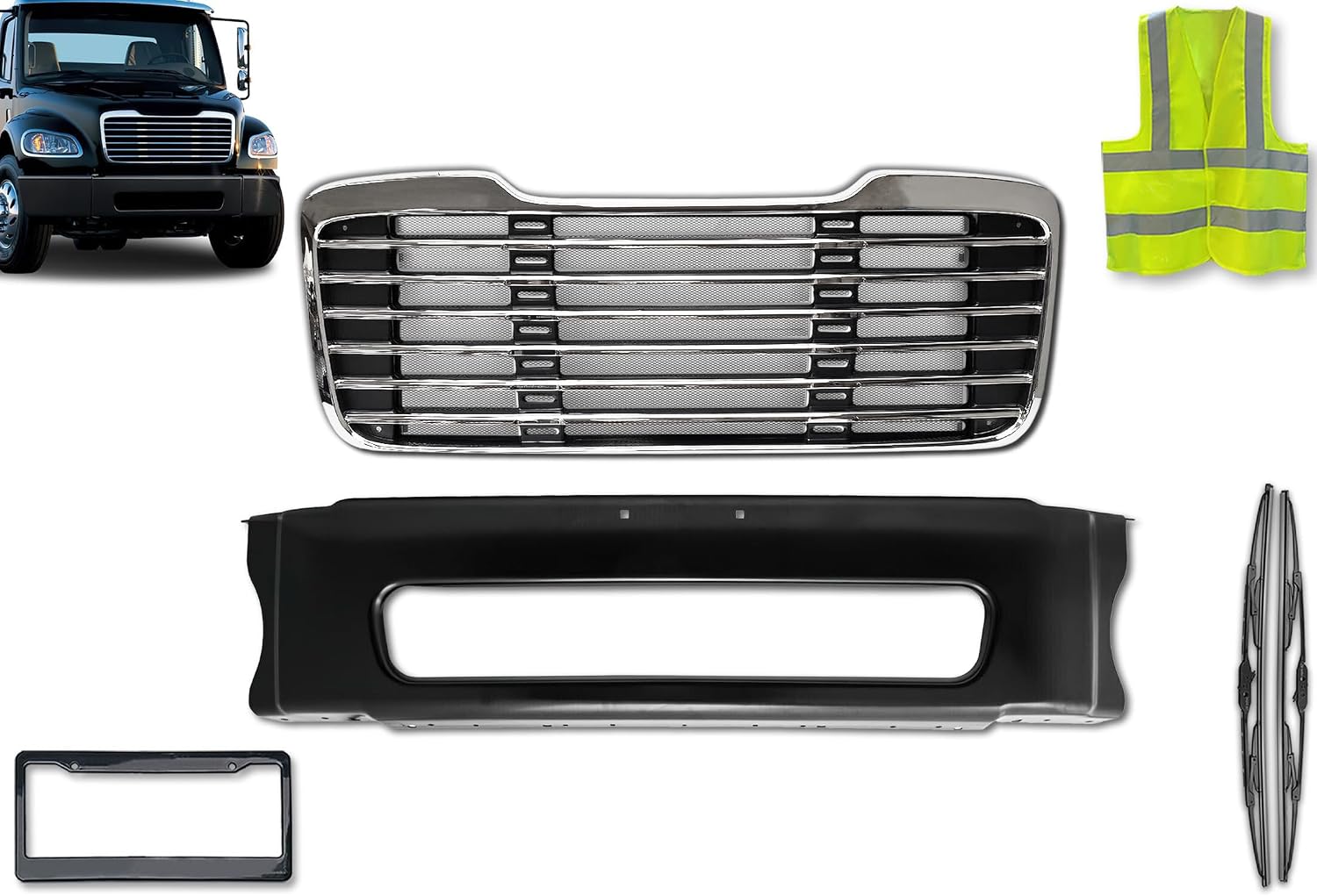 KOZAK Black Steel Front Center Bumper and Chrome Front Grille Compatible with Freightliner M2 Business Class 106 112 2003-2022 A1714787001 PLUS Logo, Wipers, License Plate Holder, Vest