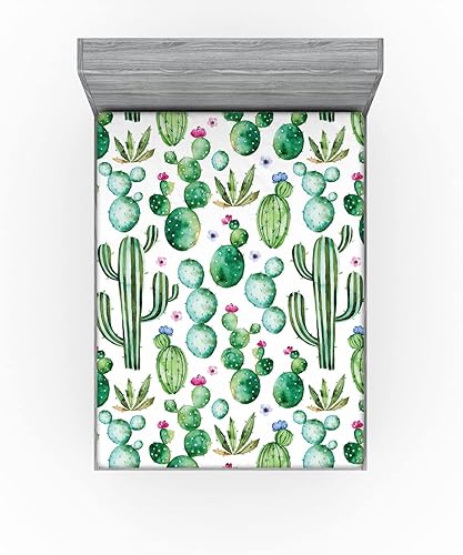 Miniatura 3 de Ambesonne Sábana bajera verde, estampado de dibujos animados de plantas mexicanas de cactus de Texas con estampado de dibujos animados, funda de