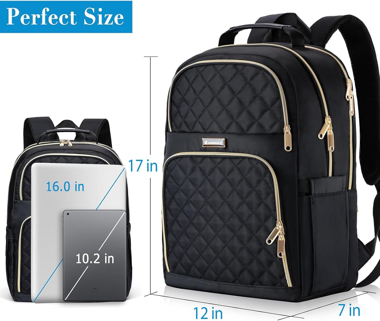 Backpacks for Women, Cute School Backpack for Teen Girls, 15.6 Inch Quilted Laptop Backpack, Large Bookbag for Middle School Students, College Back Pack for Teacher, Black