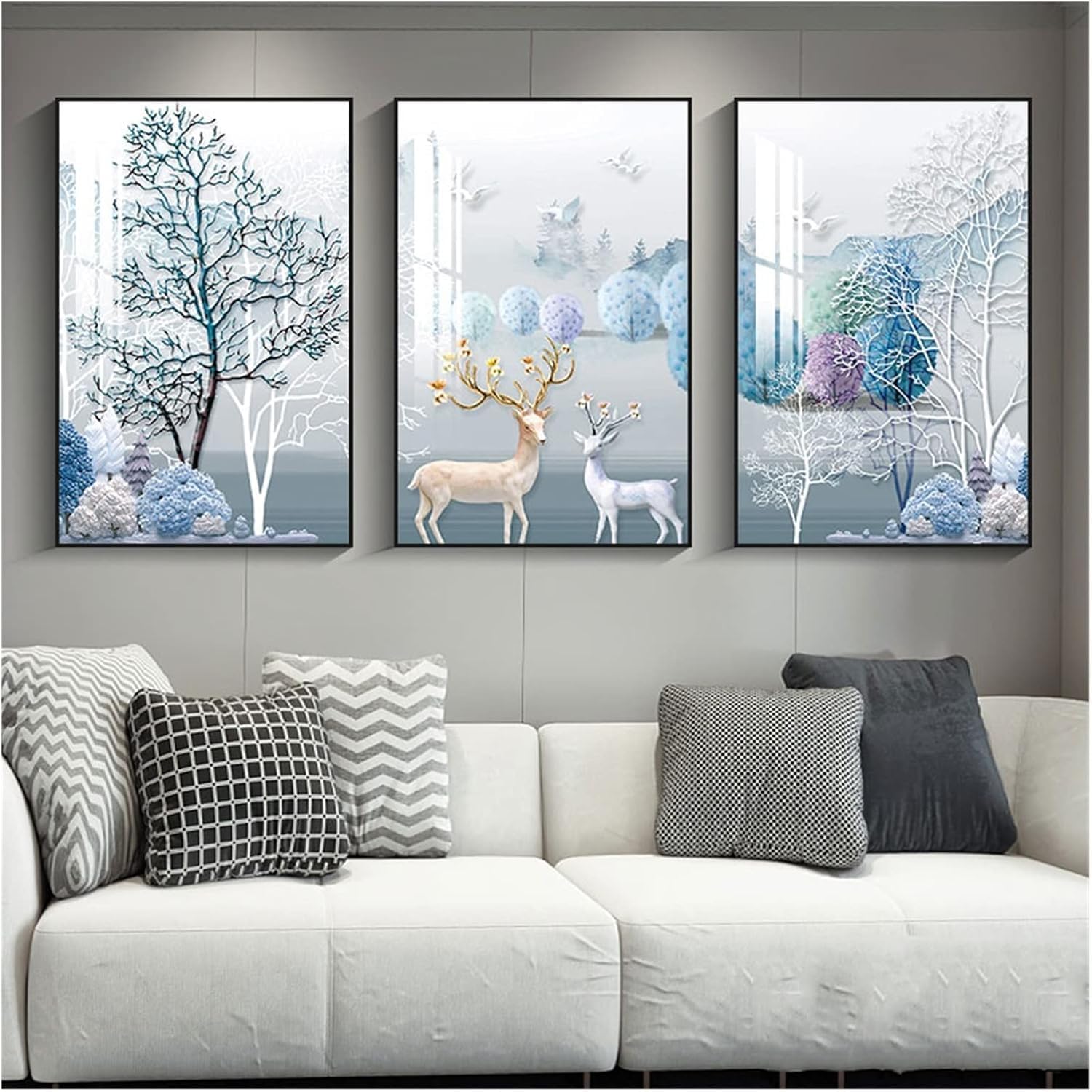 Tableau triptyque salon en toile 60x80cm cadre noir moderne