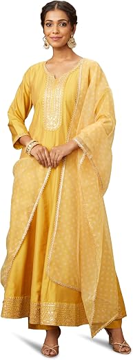 Amazon Brand - Myx Women's Embroidered Anarkali Kurta Pant Set with Organza Dupatta | A-line fit (Available in Plus Sizes)