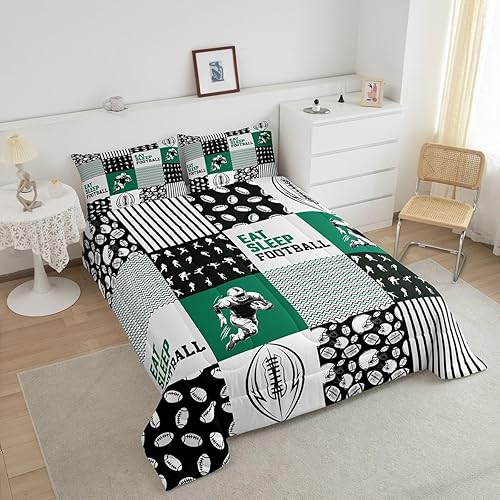 Miniatura 3 de Erosebridal Juego de edredón de fútbol para niños, juego de ropa de cama de fútbol para niños, jóvenes, negro, verde, retazos, geométrico, a rayas,