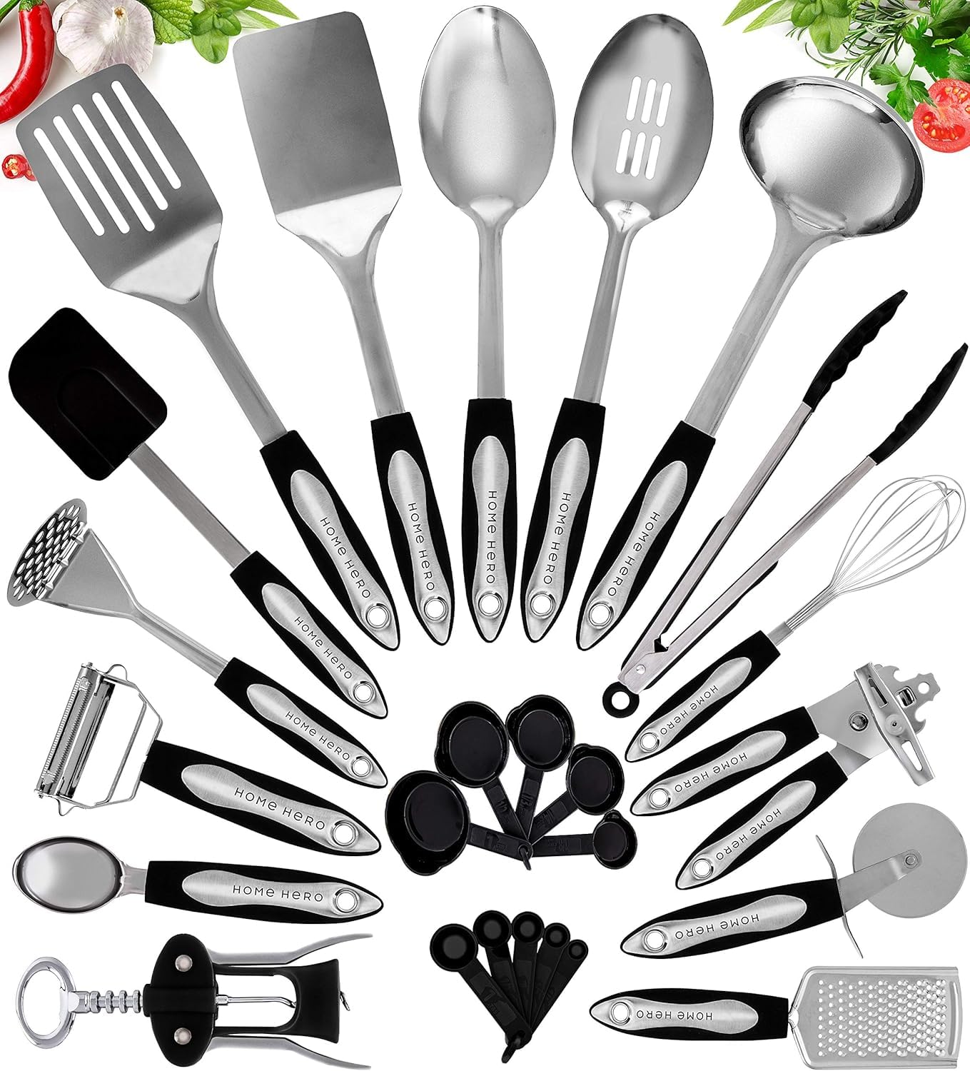 Home Hero Stainless Steel Kitchen Utensils Set - Black Handle Nonstick Stainless Steel Cooking Utensils Set - Heat Resistant Kitchen Essentials & Metal Kitchen Gadgets (Silver & Black)