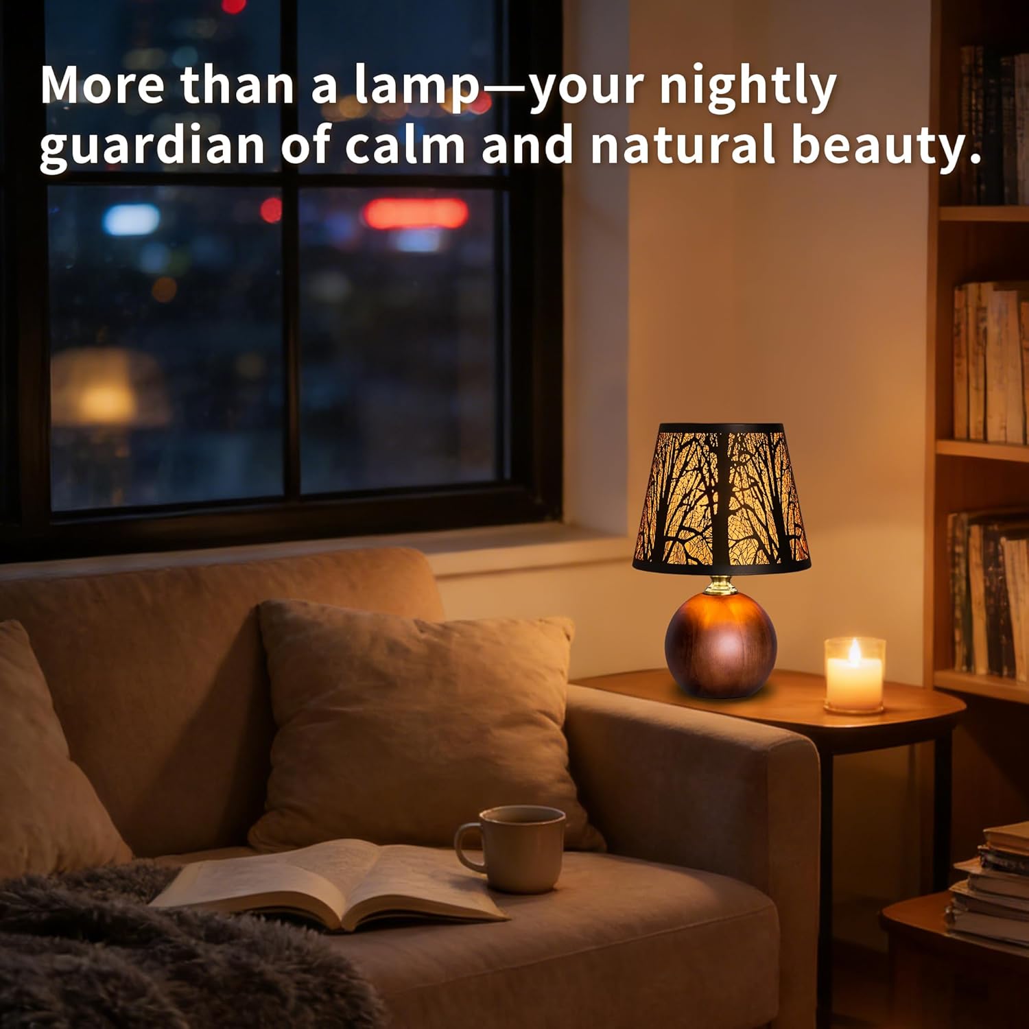 11.4" Rustic Forest Table Lamp, 3-Color Stepless Dimmable Bedside Lamp with Black Metal Tree Shade & Solid Wood Base, Small Decorative Accent Light for Living Room Nightstand