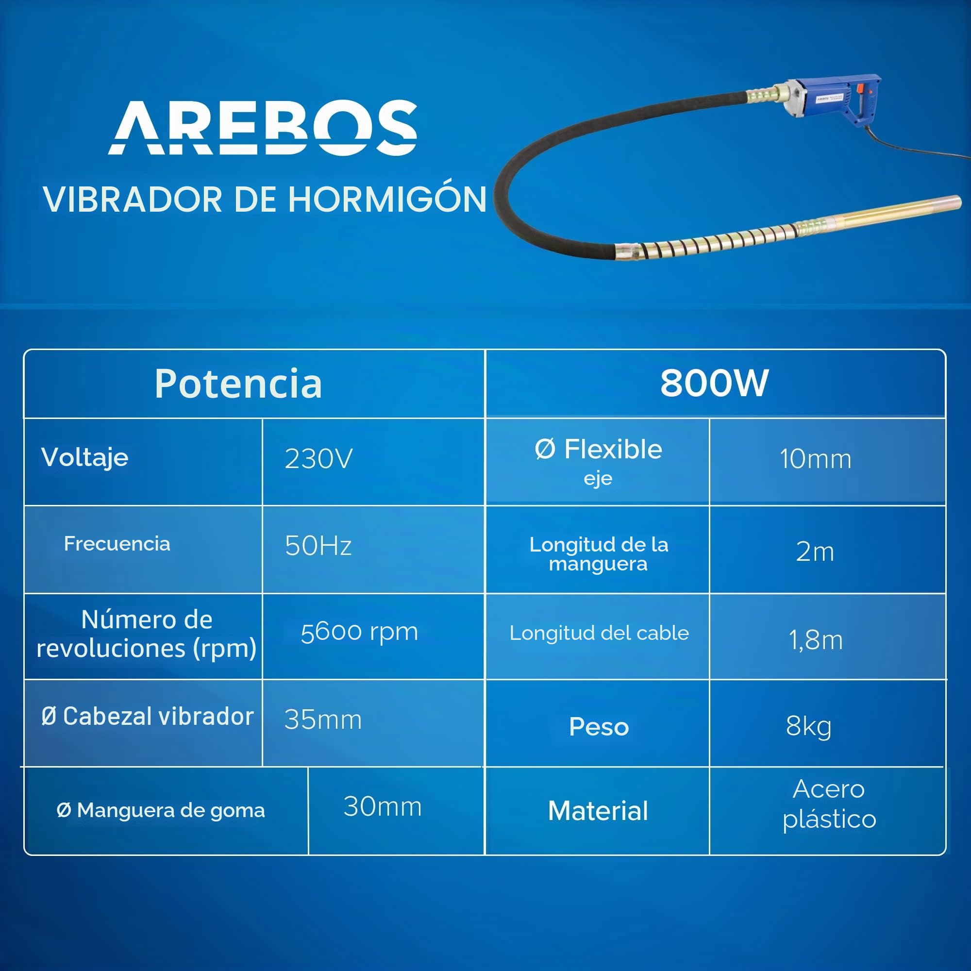 Arebos Vibrador de hormigón | Aguja vibrante electrica | Vibrador de construcción eléctrico | 800W | longitud de varilla vibratoria de 2m | para concreto