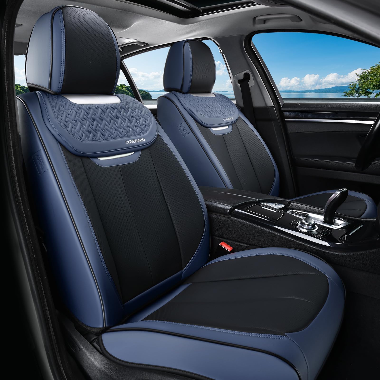 Coverado Front Seat Covers, Breathable Nappa Leather Car Seat Cover, Universal Seat Covers for Cars, Waterproof Car Seat Protector, Driver Seat Cover Fit for Most Cars(Blue&amp;Black)