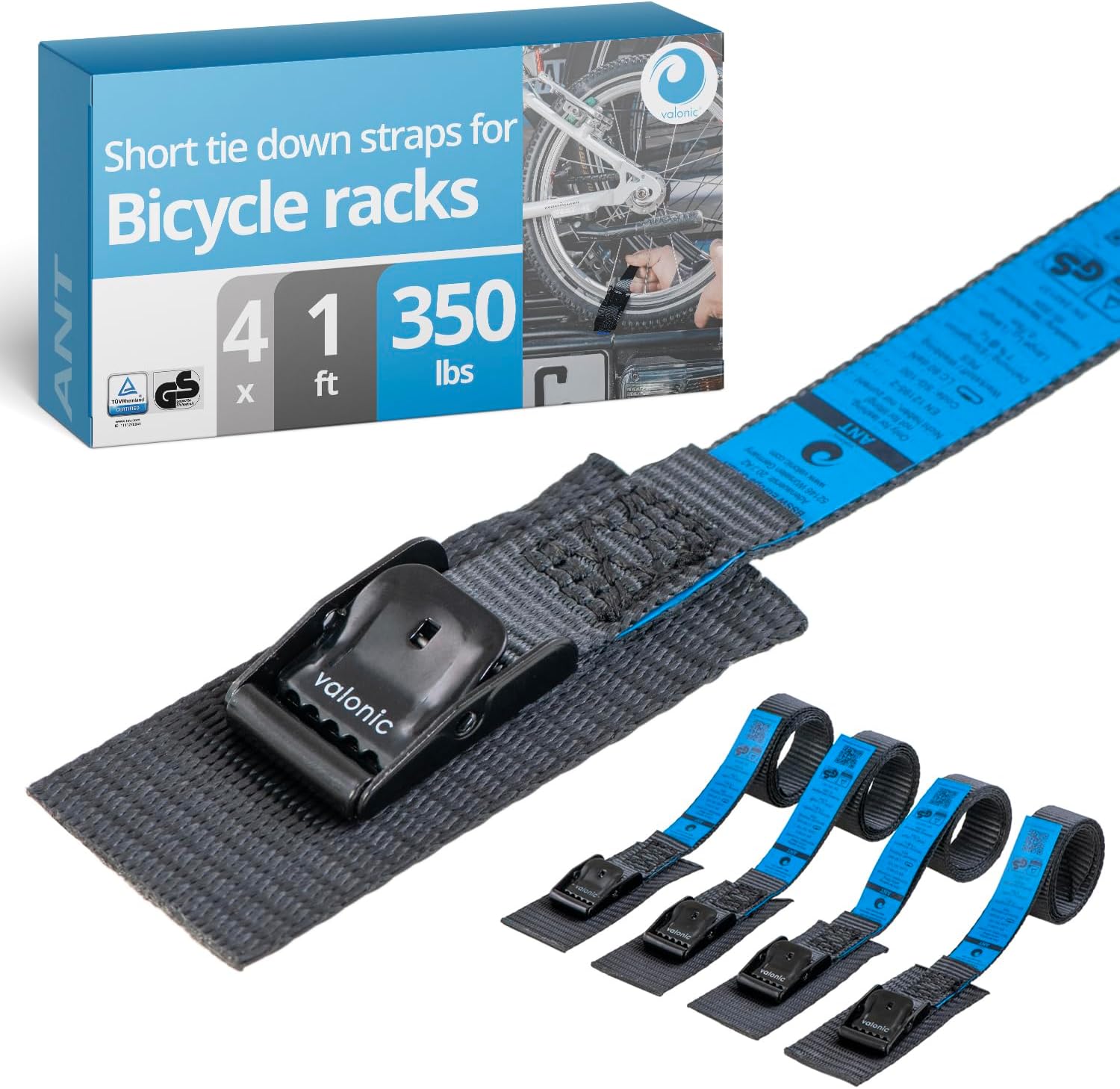valonic ANT - Short Lashing Strap, Padded, 4 Pieces, 1 ft, 350lbs Breaking Strength, cam Buckle, Black - tie Down Straps for Bike Rack