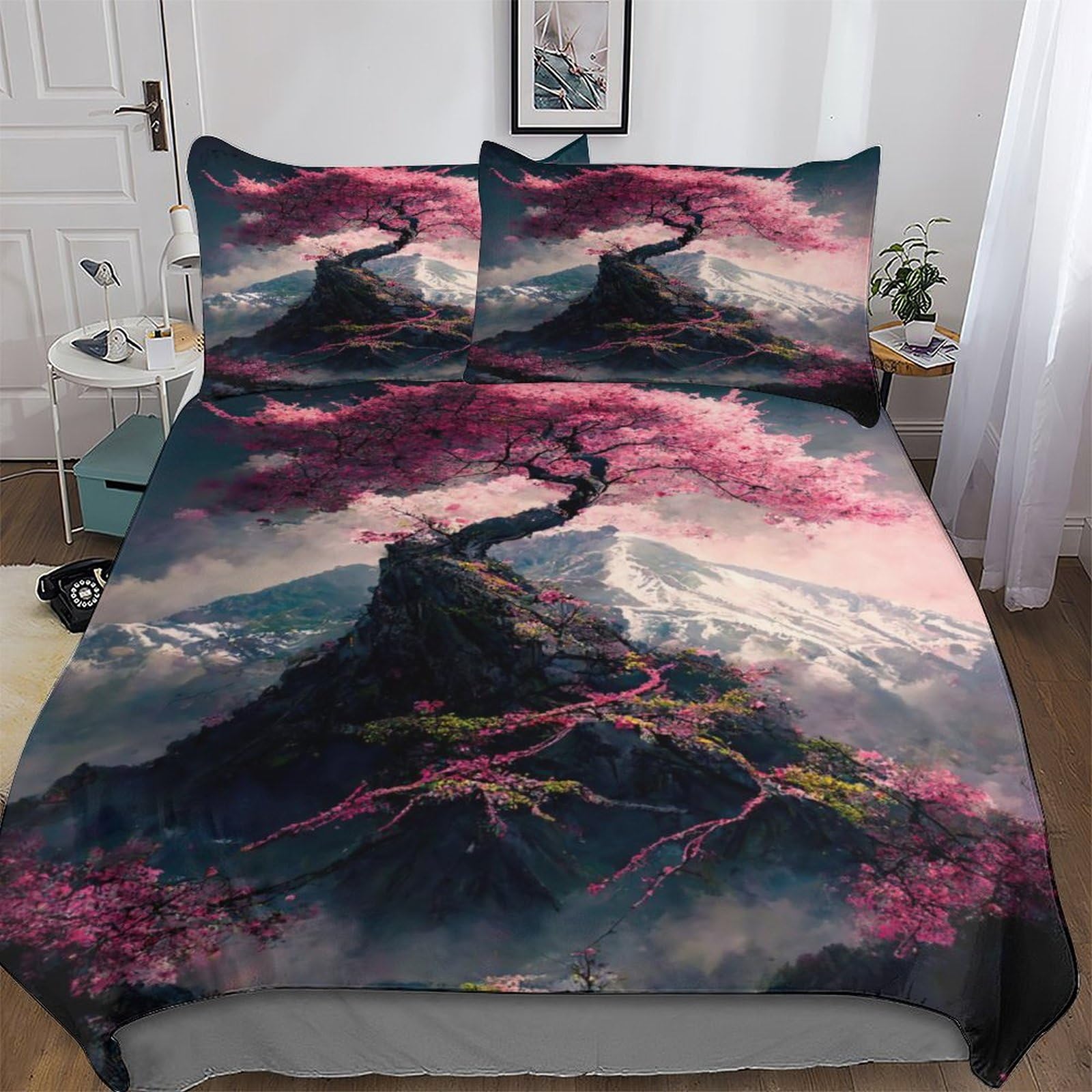 Housse de couette fleurs cerisier 200x200 parure lit japonaise