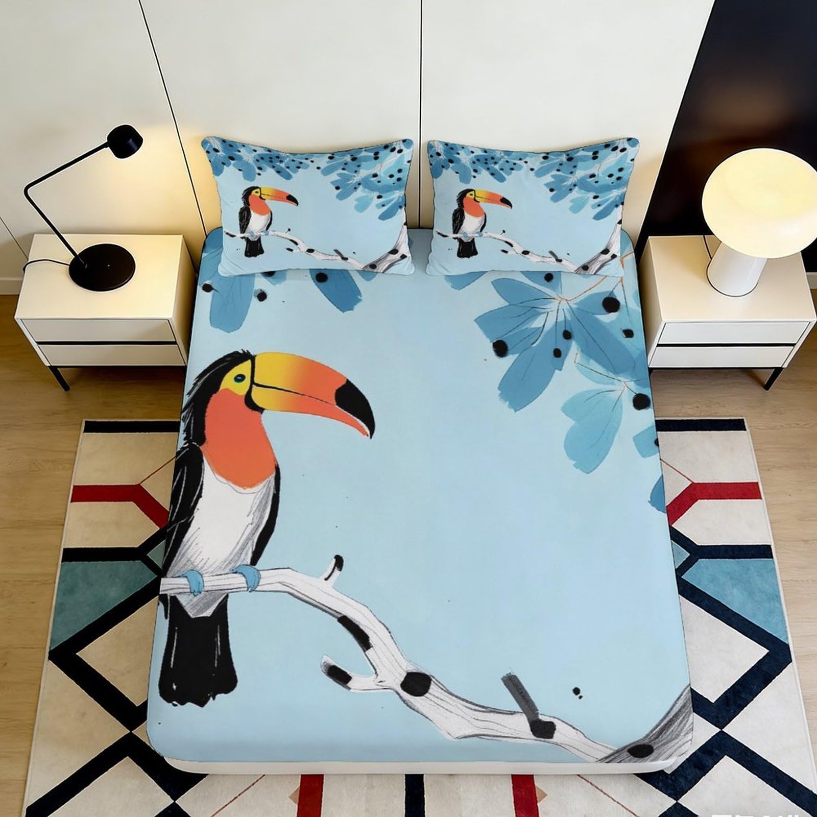 Jqzkxnhpbr Style-9 3D Printed Toucan Branch Fitted Sheet Microfiber Soft Blue Tropical Leaves Mattress Cover For Bedroom Home Decor 90X200x25cm