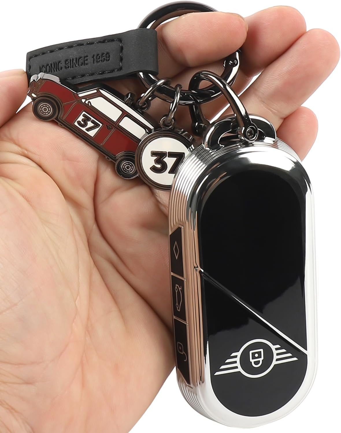 Car TPU Key Fob Cover Shell Bag Keychain Key Case for Mini Cooper J01 J05 U25 F65 F66 F67 2024 2025-up (Black, +Red Retro Car Keychain)