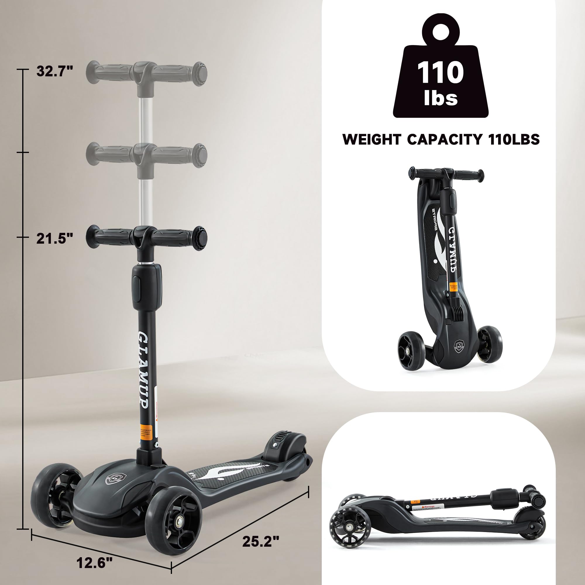 Patinete para niños, 3 ruedas, manillar ajustable en altura para niños, sistema de inclinación para dirección y mecanismo de plegado fácil, niños y niñas de 3 a 14 años (1003-negro) 3