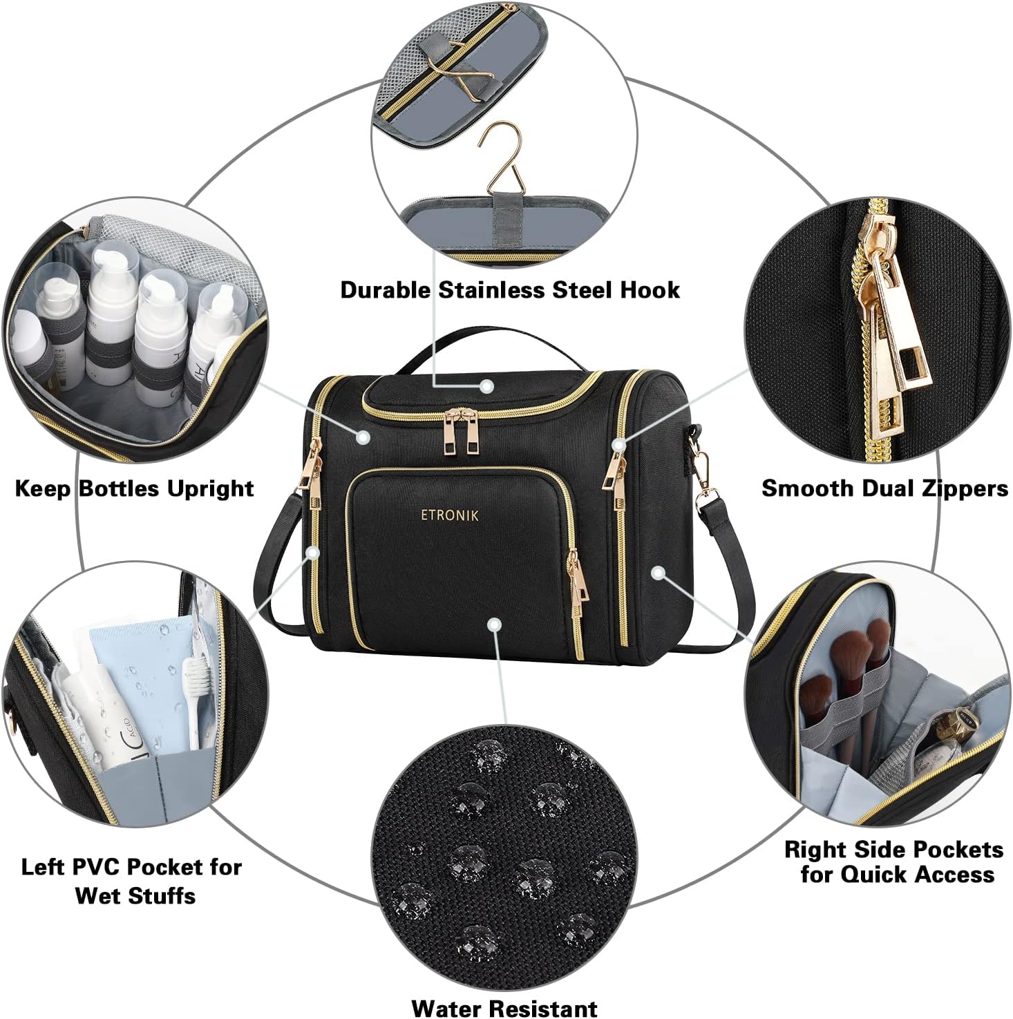 ETRONIK Toiletry Bag for Women, Travel Toiletry Bag with Strap, Travel Makeup Bag with Hanging Hook, Large Capacity Water-resistant Cosmetic Makeup Bag, Full Sized Toiletries and Cosmetics, Black : Beauty & Personal Care