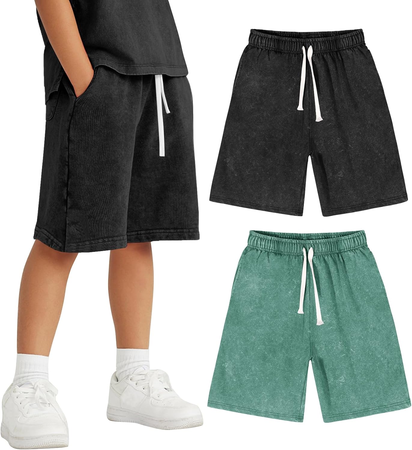 Flygo 2 Pack Boys Girls Cotton Shorts Acid Washed Active Pull On Jogger Shorts Kids Casual Athletic Loose Fit 5-14Y