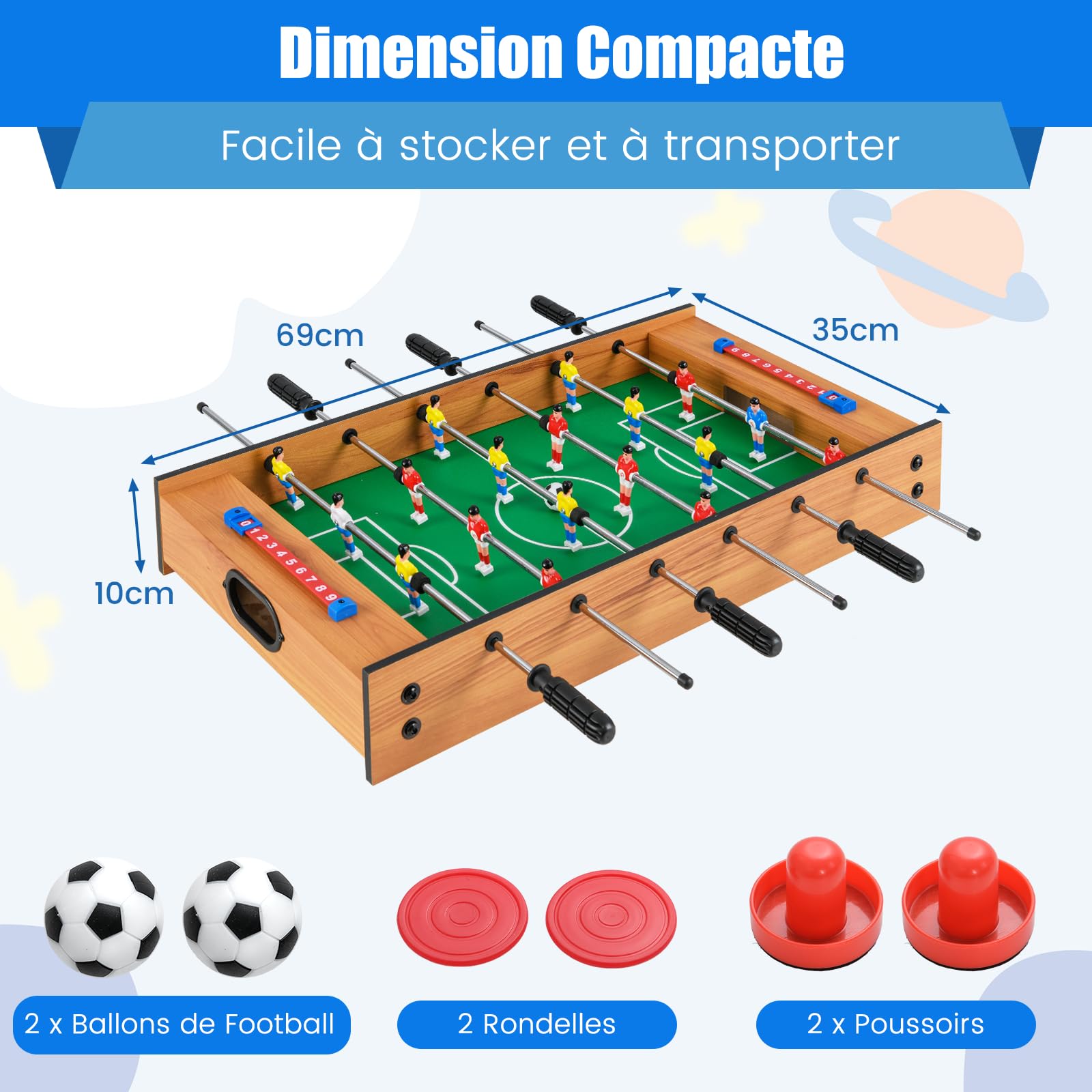 COSTWAY 2 en 1 Baby-Foot en Bois avec Air Hockey & 18 Joueurs, Table de Jeu avec Poignée Antidérapante & 2 Ballons & 2 Palets & 2 Poussoirs, Jouet d'Arcade pour Fête Bar Salle de Jeux