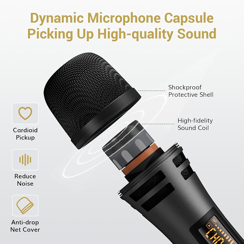 Set microfoane wireless de mână TONOR TW320, 2 buc. UHF dinamice, gri, cu receptor reîncărcabil jack 6,35 mm, 60 m, 5 canale, pentru karaoke și DJ