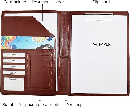 Miniatura 3 de Enyuwlcm Carpeta de cuero de la PU con el clip del portapapeles Padfolio para el currículum de la entrevista de negocios (rojo vino)