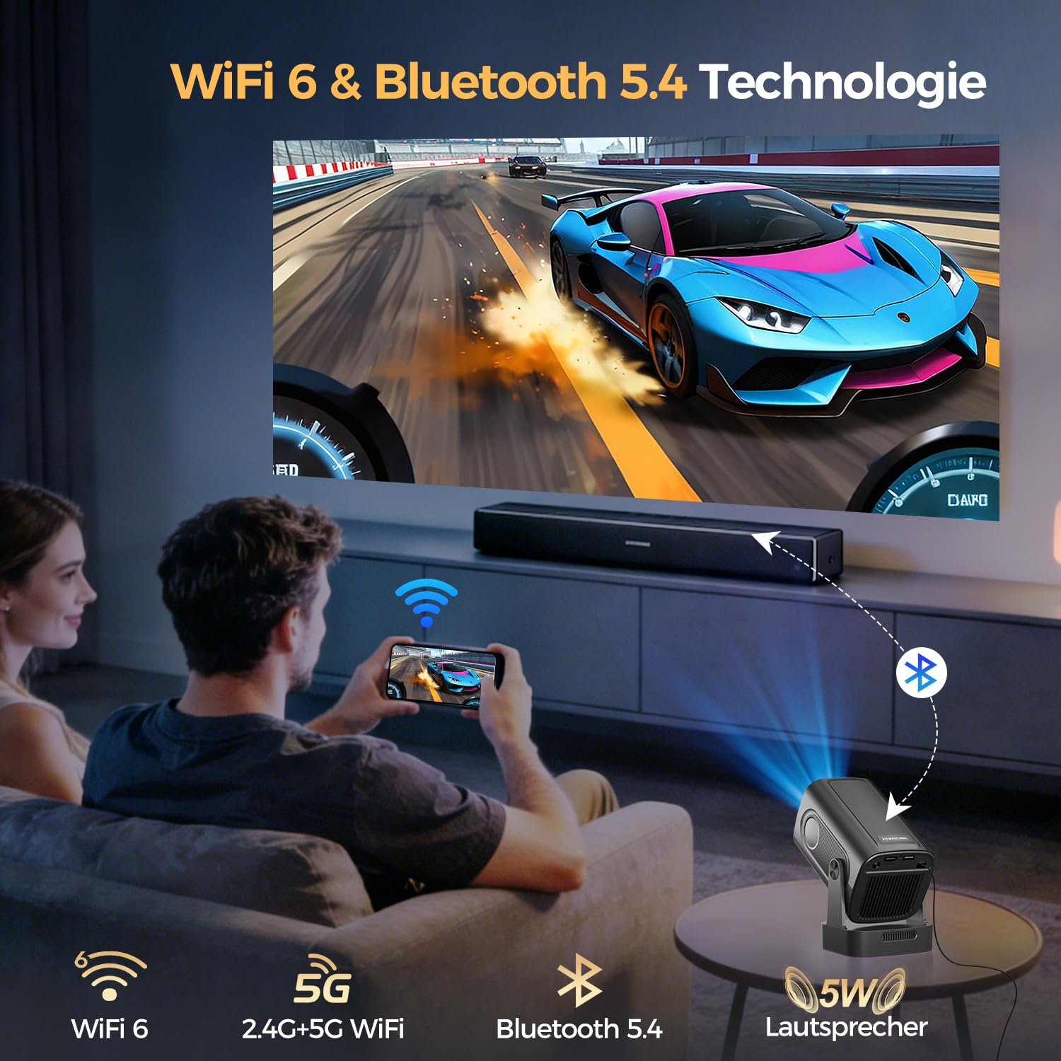 Alwtniet HY310 Mini Beamer 4K Unterstützt, 1080P Mini Projektor mit Autofokus & Automatische Trapezkorrektur, WiFi 6 Bluetooth 5.4, 180° Drehbar Android Heimkino Beamer