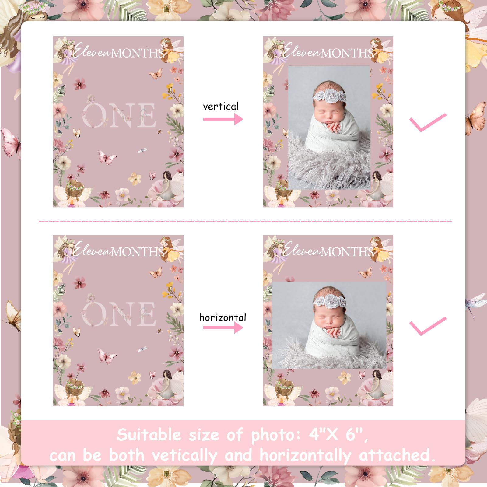 Kreat4joy Fairy First Birthday Photo Banner - Boho Butterfly Floral Decor, Newborn To 12 Months, 13 Cards Included - View #8