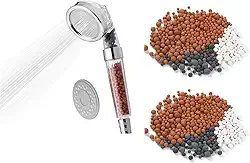 Chuveiro iônico filtrado, chuveiro de alta pressão com 3 configurações e economia de água, bolas de pedra para purificar o cloro, contas de filtro de pedra chuveiro portátil para cabelos secos e pele