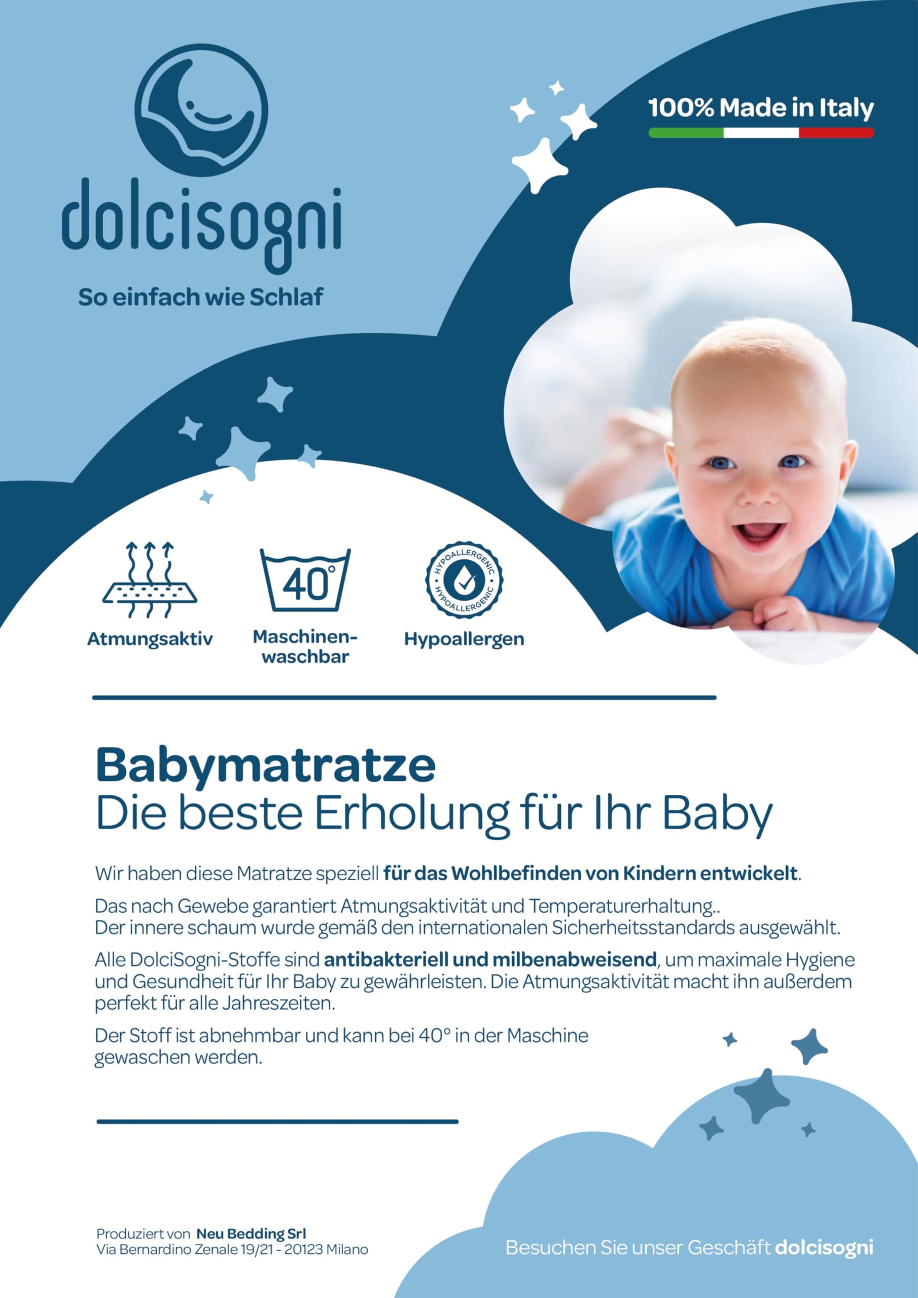 DOLCI SOGNI Kindermatratze 60x120cm mit Dicke 10 cm | CertiPUR™ | Matratze 60x120 Baby für Kinderbett oder Neugeborene | Abnehmbarer, waschbarer Bezug aus Aloe Vera (Classic, 60x120cm)